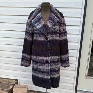 Lucky Brand Cozy fuzzy plaid overcoat in deep plum, charcoal, and soft grey